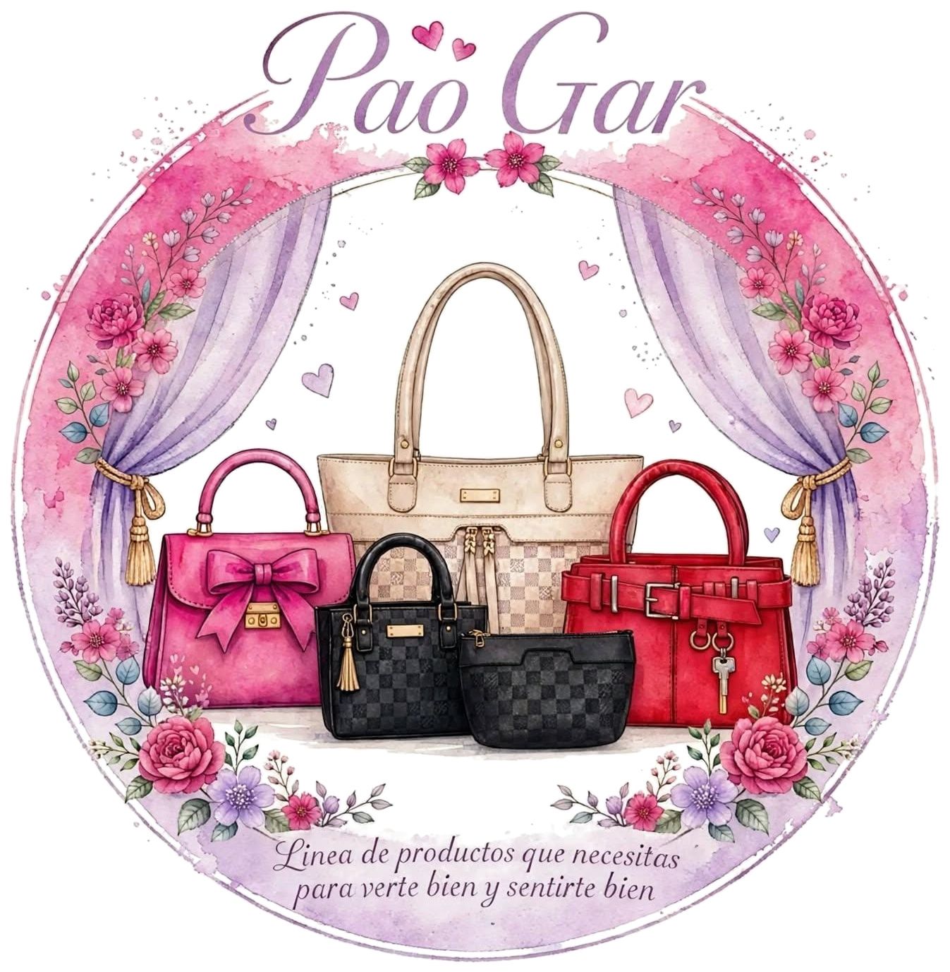 Logo de Pao Gar: bolsos pintados en acuarela entre cortinas y flores, con la frase «Línea de productos que necesitas para verte bien y sentirte bien»